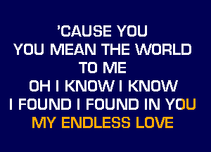 'CAUSE YOU
YOU MEAN THE WORLD
TO ME
OH I KNOWI KNOW
I FOUND I FOUND IN YOU
MY ENDLESS LOVE