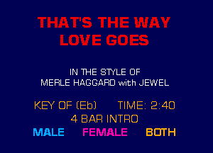 IN THE STYLE 0F
MERLE HAGGARD wrth JEWEL

KEY OF (Eb) TIMEi 240
4 BAP! INTRO
MALE BDTH