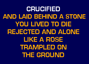 CRUCIFIED
AND LAID BEHIND A STONE

YOU LIVED TO DIE
REJECTED AND ALONE
LIKE A ROSE
TRAMPLED ON
THE GROUND