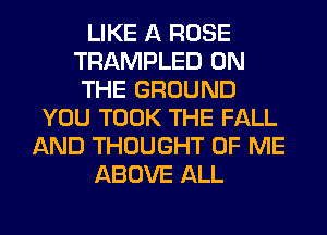 LIKE A ROSE
TRAMPLED ON
THE GROUND
YOU TOOK THE FALL
AND THOUGHT OF ME
ABOVE ALL