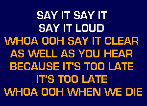 SAY IT SAY IT
SAY IT LOUD
VVHOA 00H SAY IT CLEAR
AS WELL AS YOU HEAR
BECAUSE ITS TOO LATE
ITS TOO LATE
VVHOA 00H WHEN WE DIE