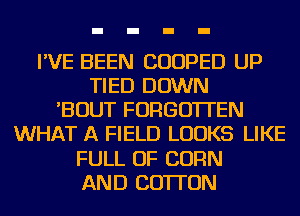 I'VE BEEN CUOPED UP
TIED DOWN
'BOUT FORGOTTEN
WHAT A FIELD LOOKS LIKE
FULL OF CORN
AND COTTON