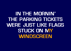 IN THE MORNIN'
THE PARKING TICKETS
WERE JUST LIKE FLAGS
STUCK ON MY
WINDSCREEN