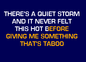 THERE'S A QUIET STORM
AND IT NEVER FELT
THIS HOT BEFORE
GIVING ME SOMETHING
THAT'S TABOO