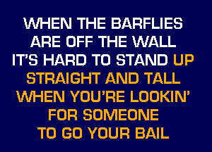 WHEN THE BARFLIES
ARE OFF THE WALL
ITS HARD TO STAND UP
STRAIGHT AND TALL
WHEN YOU'RE LOOKIN'
FOR SOMEONE
TO GO YOUR BAIL