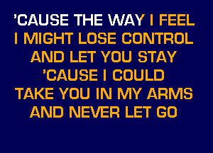 'CAUSE THE WAY I FEEL
I MIGHT LOSE CONTROL
AND LET YOU STAY
'CAUSE I COULD
TAKE YOU IN MY ARMS
AND NEVER LET GO