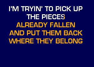 I'M TRYIN' T0 PICK UP
THE PIECES
ALREADY FALLEN
AND PUT THEM BACK
WHERE THEY BELONG