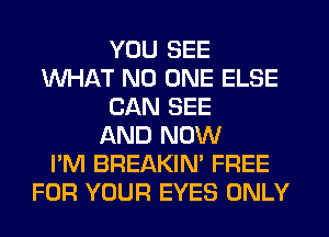 YOU SEE
WHAT NO ONE ELSE
CAN SEE
AND NOW
I'M BREAKIN' FREE
FOR YOUR EYES ONLY