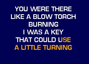 YOU WERE THERE
LIKE A BLOW TORCH
BURNING
I WAS A KEY
THAT COULD USE
A LITTLE TURNING