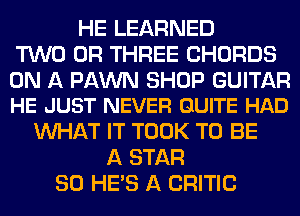 HE LEARNED
TWO 0R THREE CHORDS

ON A PAWN SHOP GUITAR
HE JUST NEVER QUITE HAD

WHAT IT TOOK TO BE
A STAR
SO HE'S A CRITIC