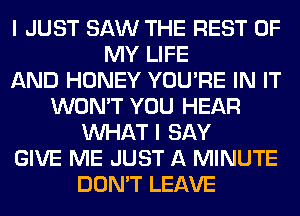 I JUST SAW THE REST OF
MY LIFE
AND HONEY YOU'RE IN IT
WON'T YOU HEAR
WHAT I SAY
GIVE ME JUST A MINUTE
DON'T LEAVE
