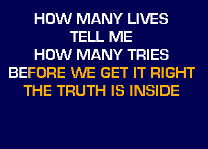 HOW MANY LIVES
TELL ME
HOW MANY TRIES
BEFORE WE GET IT RIGHT
THE TRUTH IS INSIDE