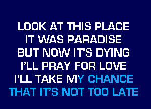 LOOK AT THIS PLACE
IT WAS PARADISE
BUT NOW ITS DYING
I'LL PRAY FOR LOVE
I'LL TAKE MY CHANCE
THAT ITS NOT TOO LATE