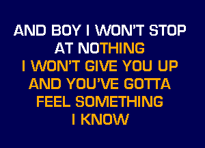 AND BOY I WON'T STOP
AT NOTHING
I WON'T GIVE YOU UP
AND YOU'VE GOTTA
FEEL SOMETHING
I KNOW