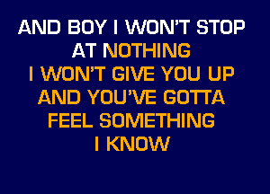 AND BOY I WON'T STOP
AT NOTHING
I WON'T GIVE YOU UP
AND YOU'VE GOTTA
FEEL SOMETHING
I KNOW