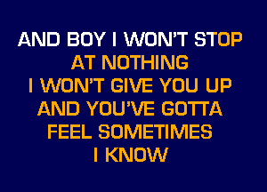 AND BOY I WON'T STOP
AT NOTHING
I WON'T GIVE YOU UP
AND YOU'VE GOTTA
FEEL SOMETIMES
I KNOW