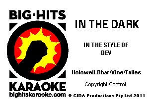 BIG-HITS
V V IN THE DARK

IN THE STYLE 0F
DEV

k A Holowell-DharNineJTailes

KARAOKE Copyright Control

blahltakaraoke.com e CIDA Productions Pt, mi 201 I