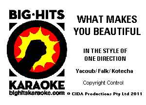 BIG'H'TS WHAT MAKES
'7 V vou BEAUTIFUL

IN THE STYLE OF
ONE DIRECTION

L A Yacoubi Falk! Kotecha

WOKE C opyr Igm Control

blghnskaraokc.com o CIDA P'oducliOIs m, ml 201 I