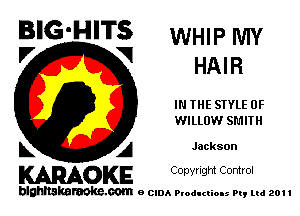 BIG'HITS WHIP WW

V VI
HAI R
IN THE STYLE 0F
WILLOW SMITH
L A Jackson

WOKE C opyr Igm Control

blghnskaraokc.com o CIDA P'oducliOIs m, ml 201 I