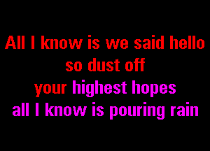 All I know is we said hello
so dust off
your highest hopes
all I know is pouring rain