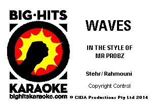 BIG-HITS
V VI WAVES

IN THE STYLE 0F
MR PRDBZ

L A Stehr! Rahmouni

WOKE C opyr Igm Control

blghnskaraokc.com o CIDA P'oducliOIs m, ud zou