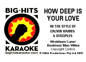 BIG'HITS HOWDEEPIS
V V YOUR LOVE

IN THE STYLE 0F
CALVIN HARRIS

(r DISCIPLES

k A Wroldsen! Lane!
Koolmon! MaCIMles

KARAO KE Copyrigm Control

bighitskaraokecom a cum Productions Pq Ltd 2015