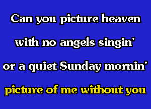 Can you picture heaven
with no angels singin'
or a quiet Sunday mornin'

picture of me without you