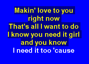 Makin' love to you
right now
That's all lwant to do

I know you need it girl
and you know
I need it too 'cause