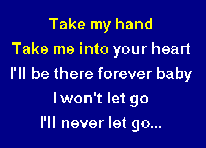 Take my hand
Take me into your heart

I'll be there forever baby

lwon't let go
I'll never let go...