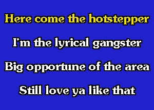 Here come the hotstepper
I'm the lyrical gangster
Big opportune of the area
Still love ya like that