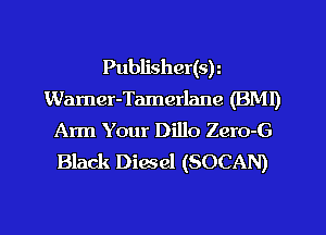Publisher(sk
Wamer-Tamerlane (BM!)
Arm Your Dillo Zero-G
Black Dimel (SOCAN)