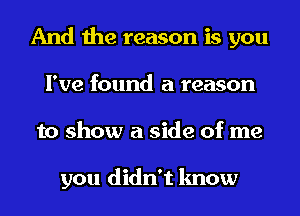 And the reason is you
I've found a reason
to show a side of me

you didn't know