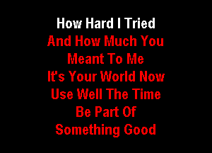 How Hard I Tried
And How Much You
Meant To Me
It's Your World Nowr

Use Well The Time
Be Part Of
Something Good