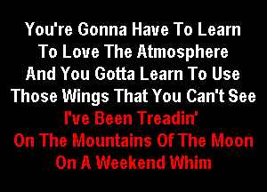 You're Gonna Have To Learn
To Love The Atmosphere
And You Gotta Learn To Use
Those Wings That You Can't See
I've Been Treadin'

On The Mountains Of The Moon
On A Weekend Whim