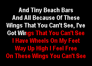 And Tiny Beach Bars
And All Because Of These
Wings That You Can't See, I've
Got Wings That You Can't See
I Have Wheels On My Feet
Way Up High I Feel Free
On These Wings You Can't See