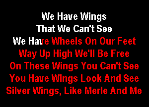 We Have Wings
That We Can't See
We Have Wheels On Our Feet
Way Up High We'll Be Free
On These Wings You Can't See
You Have Wings Look And See
Siluer Wings, Like Merle And Me