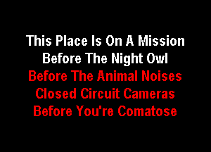 This Place Is On A Mission
Before The Night Owl
Before The Animal Noises
Closed Circuit Cameras
Before You're Comatose