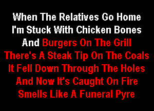 When The Relatives Go Home
I'm Stuck With Chicken Bones
And Burgers On The Grill
There's A Steak Tip On The Goals
It Fell Down Through The Holes
And Now It's Caught On Fire
Smells Like A Funeral Pyre