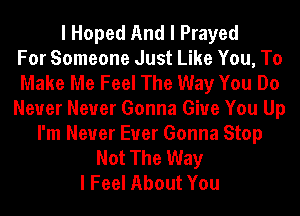 I Hoped And I Prayed
For Someone Just Like You, To
Make Me Feel The Way You Do
Never Never Gonna Give You Up
I'm Never Euer Gonna Stop
Not The Way
I Feel About You