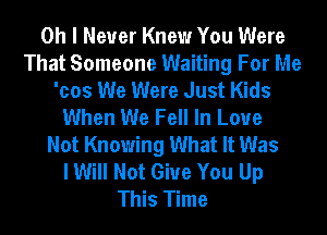 Oh I Never Knew You Were
That Someone Waiting For Me
'cos We Were Just Kids
When We Fell In Love
Not Knowing What It Was
I Will Not Give You Up
This Time