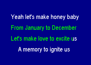 Yeah lefs make honey baby
From January to December

Lefs make love to excite us

A memory to ignite us