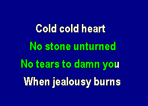 Cold cold heart
No stone unturned

No tears to damn you

When jealousy burns
