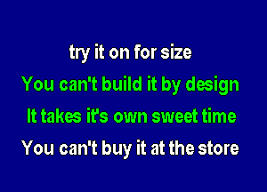 try it on for size

You can't build it by design

It takes ifs own sweet time
You can't buy it at the store