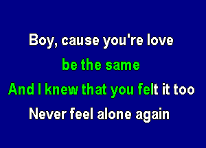 Boy, cause you're love
be the same

And I knew that you felt it too

Never feel alone again