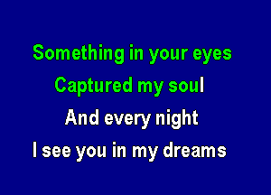 Something in your eyes
Captured my soul
And every night

I see you in my dreams