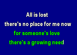 All is lost
there's no place for me now
for someone's love

there's a growing need