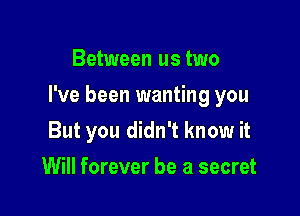 Between us two

I've been wanting you

But you didn't know it
Will forever be a secret