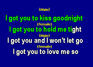 (Male)

I got you to kiss goodnight
(female)

I got you to hold me tight

(Male)

I got you and I won't let go

(female)

I got you to love me so