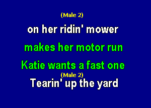 (Male 2)

on her ridin' mower
makes her motor run

Katie wants a fast one
(Male 2)

Tearin' up the yard