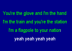 You're the glove and I'm the hand
I'm the train and you're the station
I'm a flagpole to your nation

yeah yeah yeah yeah